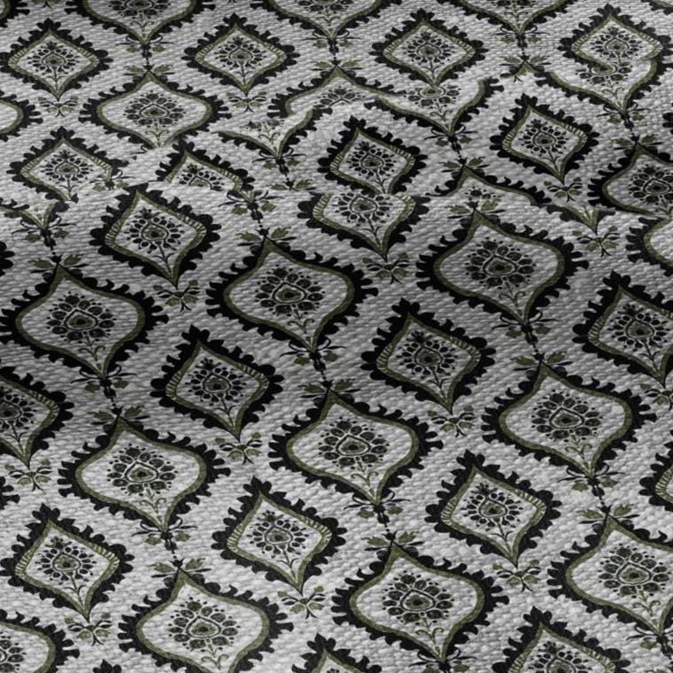 100% LINEN Fabric dark green block print - geometric modern vintage botanical 3418