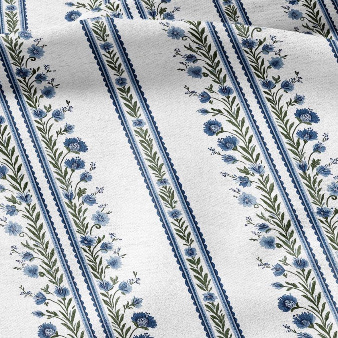 100% LINEN Fabric block print ChairoHana - Japanese blue green stripe floral heavy for upholstery home decor - medium for dress making 2843