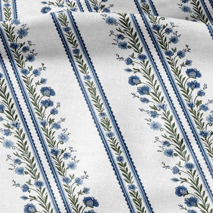 100% LINEN Fabric block print ChairoHana - Japanese blue green stripe floral heavy for upholstery home decor - medium for dress making 2843