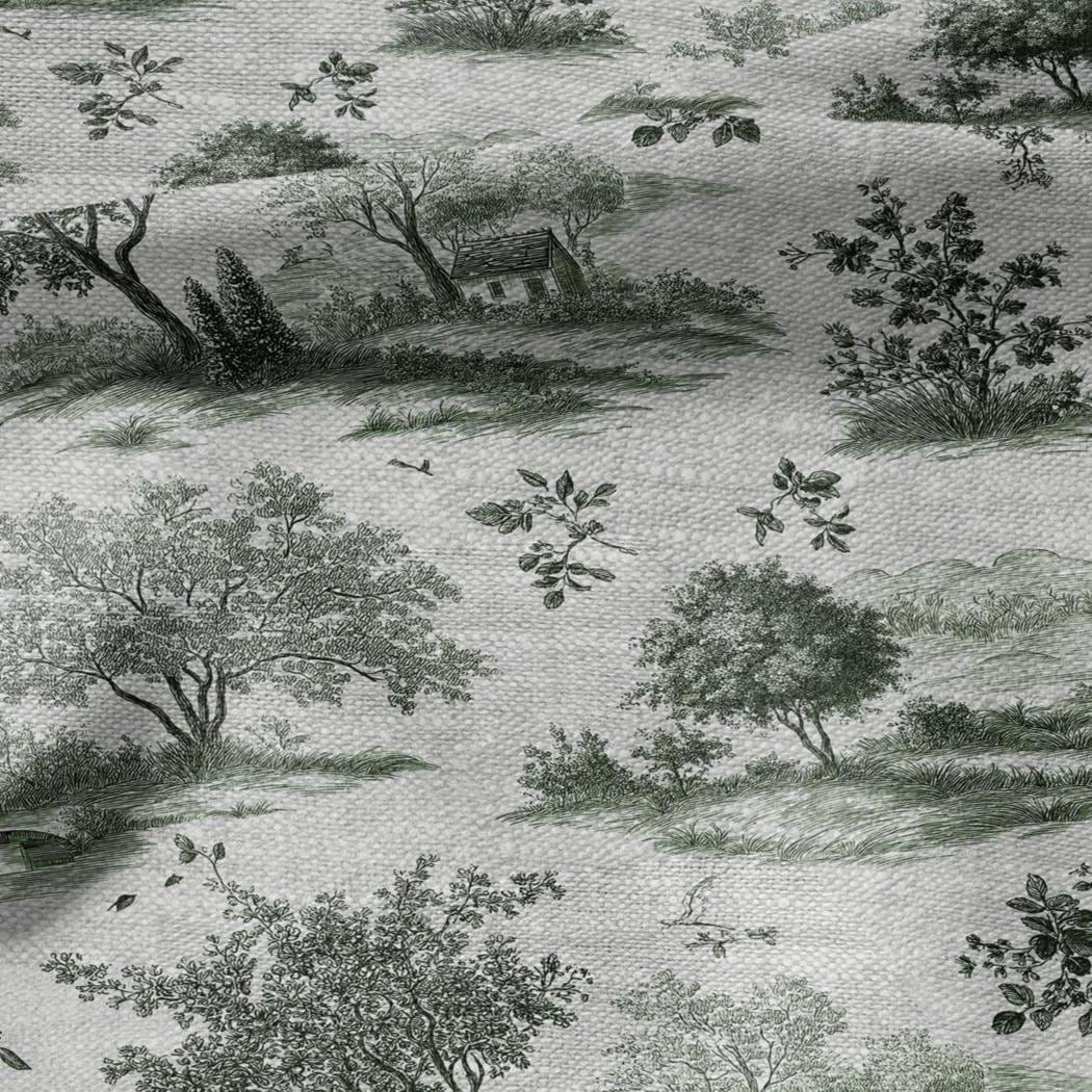 100% LINEN Fabric Country block print on oatmeal natur linen, floral toile de jouy fabric, French linen floral upholstery 3019