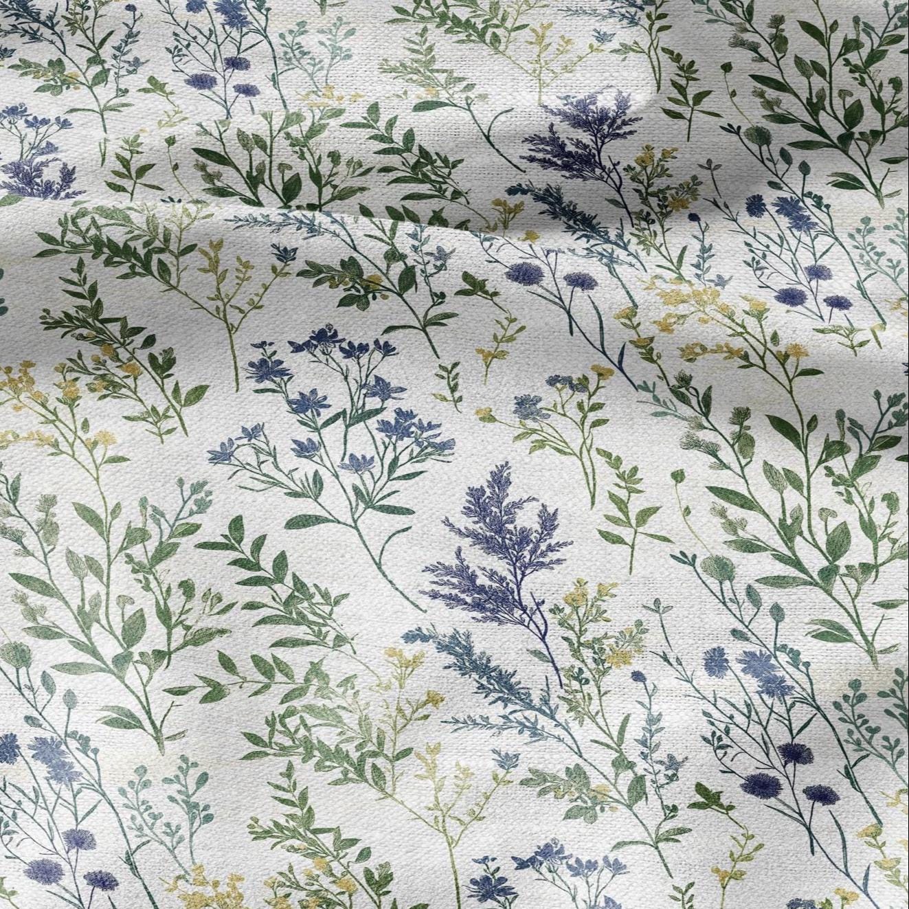 100% LINEN Fabric Meadow print green blue - floral upholstery home textile artisan fabrics blue green white 3038