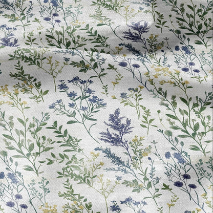 100% LINEN Fabric Meadow print green blue - floral upholstery home textile artisan fabrics blue green white 3038