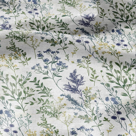 100% LINEN Fabric Meadow print green blue - floral upholstery home textile artisan fabrics blue green white 3038