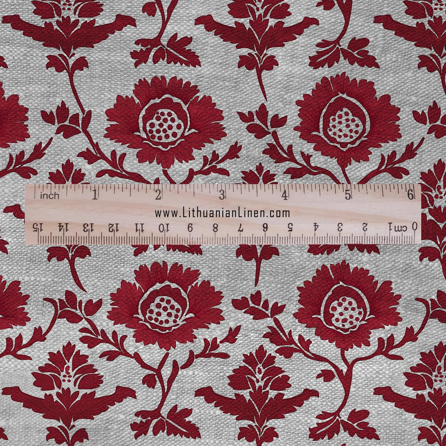 100% LINEN Fabric red flower print - floral red gray print on oatmeal linen for home decor sewing dress clothing 2198