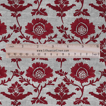 100% LINEN Fabric red flower print - floral red gray print on oatmeal linen for home decor sewing dress clothing 2198