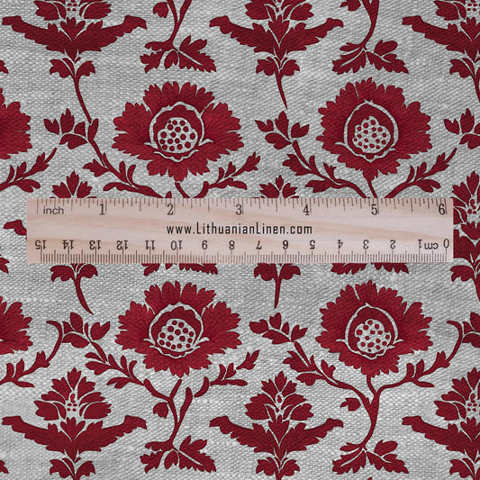 100% LINEN Fabric red flower print - floral red gray print on oatmeal linen for home decor sewing dress clothing 2198