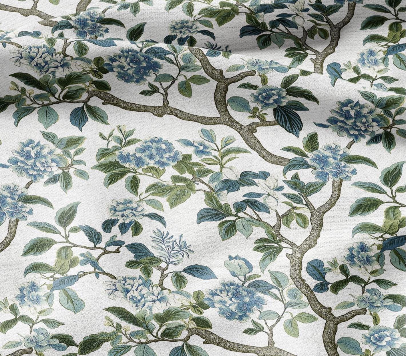 100% LINEN Fabric Block print Lotus blosoom - modern vintage botanical flower upholstery home textile artisan green gray  white 2370