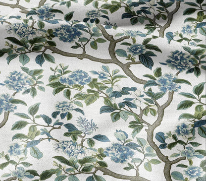 100% LINEN Fabric Block print Lotus blosoom - modern vintage botanical flower upholstery home textile artisan green gray  white 2370