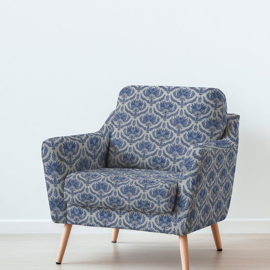 100% LINEN Fabric UPHOLSTERY 12oz - French block print blue on oatmeal linen - Modern vintage floral upholstery 305