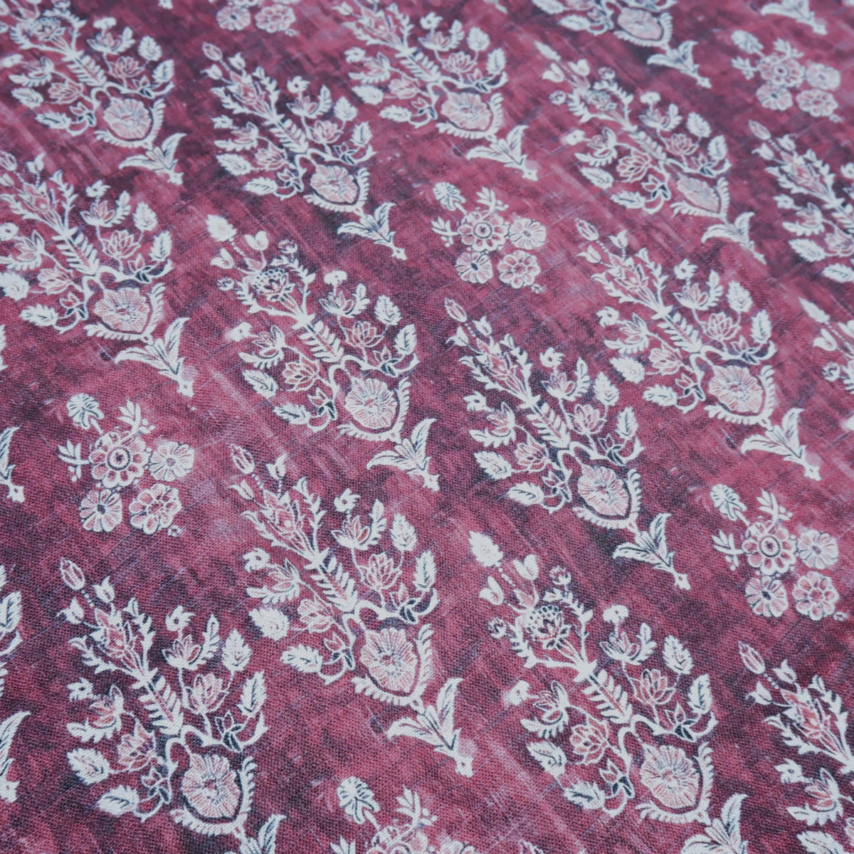 100% LINEN Fabric block print indian red  3662 -  oatmeal linen fabric with green floral print decor