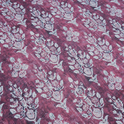 100% LINEN Fabric block print indian red  3662 -  oatmeal linen fabric with green floral print decor