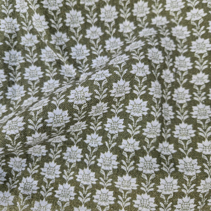 100% LINEN Fabric block print olive green on white - heavy linen fabric for upholstery home decor or medium for clothing 2512