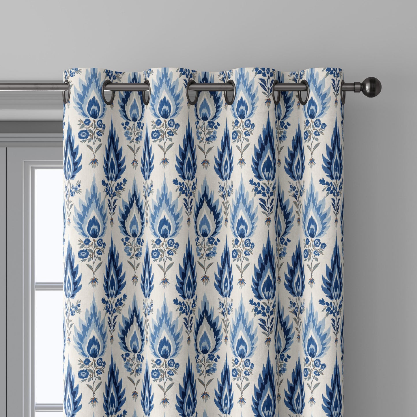 100% linen fabric Blue Ivory ikat floral print - Botanical artisanal Pattern - Ornate Home Decor 3456