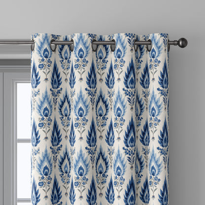100% linen fabric Blue Ivory ikat floral print - Botanical artisanal Pattern - Ornate Home Decor 3456