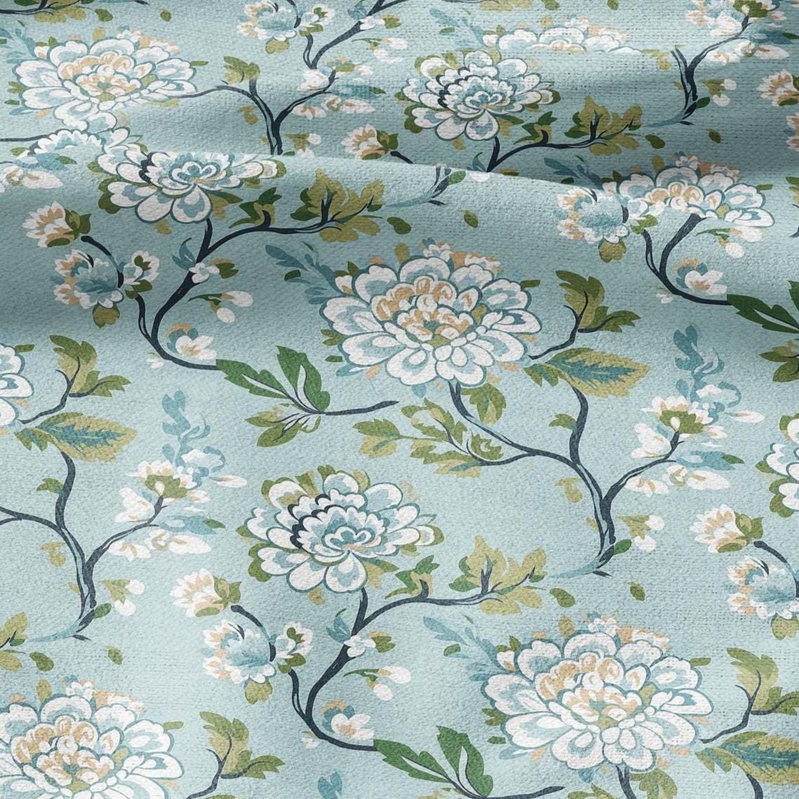 100% LINEN Fabric Chinoiserie Blossom print - modern contemporary print on linen fabric upholstery dress making curtains