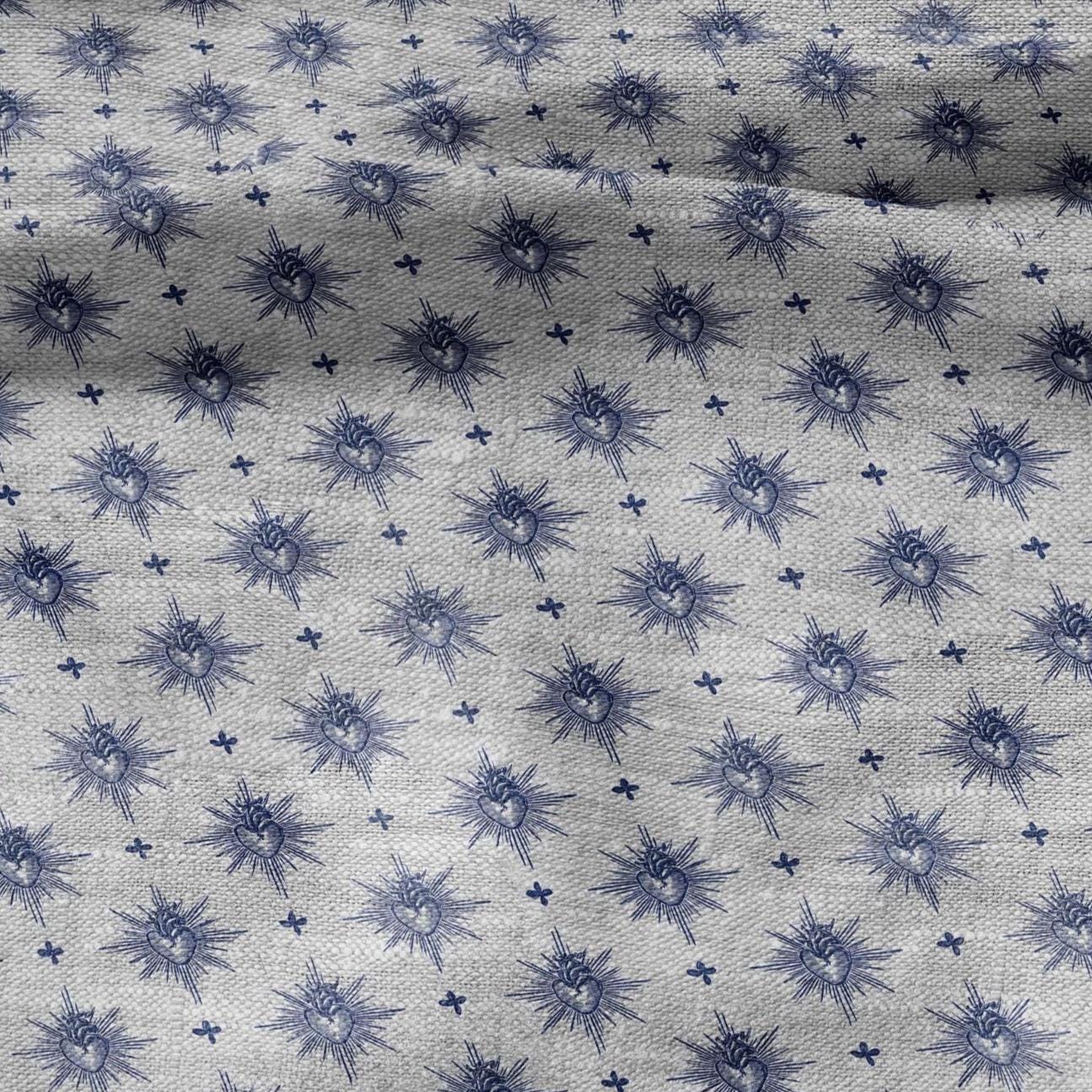 100% LINEN Fabric Sacred heart -  blue print on oatmeal linen for home decor sewign dress clothing 3006