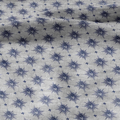 100% LINEN Fabric Sacred heart -  blue print on oatmeal linen for home decor sewign dress clothing 3006