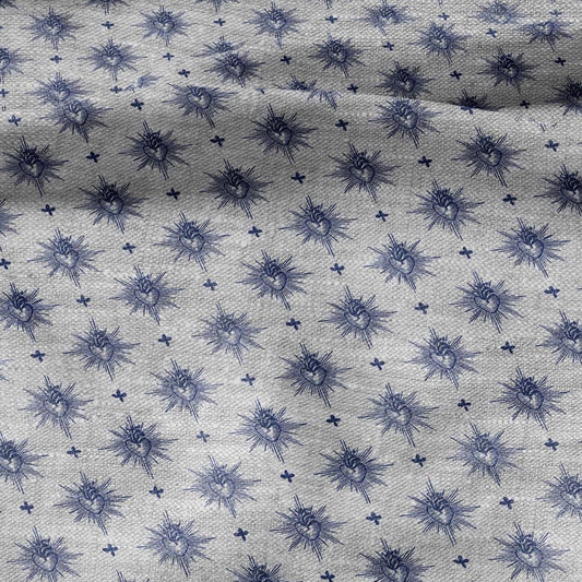 100% LINEN Fabric Sacred heart -  blue print on oatmeal linen for home decor sewign dress clothing 3006