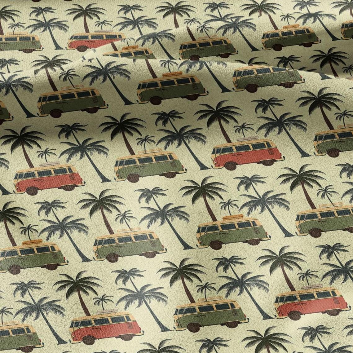 100% linen fabric California Dreaming print - Camper Vans Retro Lifestyle pattern  - Tropical Road Trip Palm tree Summer Vibes 3485
