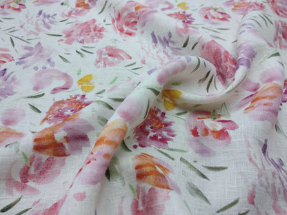 100% linen fabric Medium weight 150gsm  Prewashed . Print watercolor flower . for blouses, dresses, curtains, scarves,