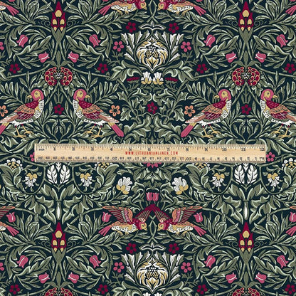 100% LINEN Fabric UPHOLSTERY 12oz - William Morris Birds colorful red green print on linen - Victorian art craft - floral upholstery 2115GP