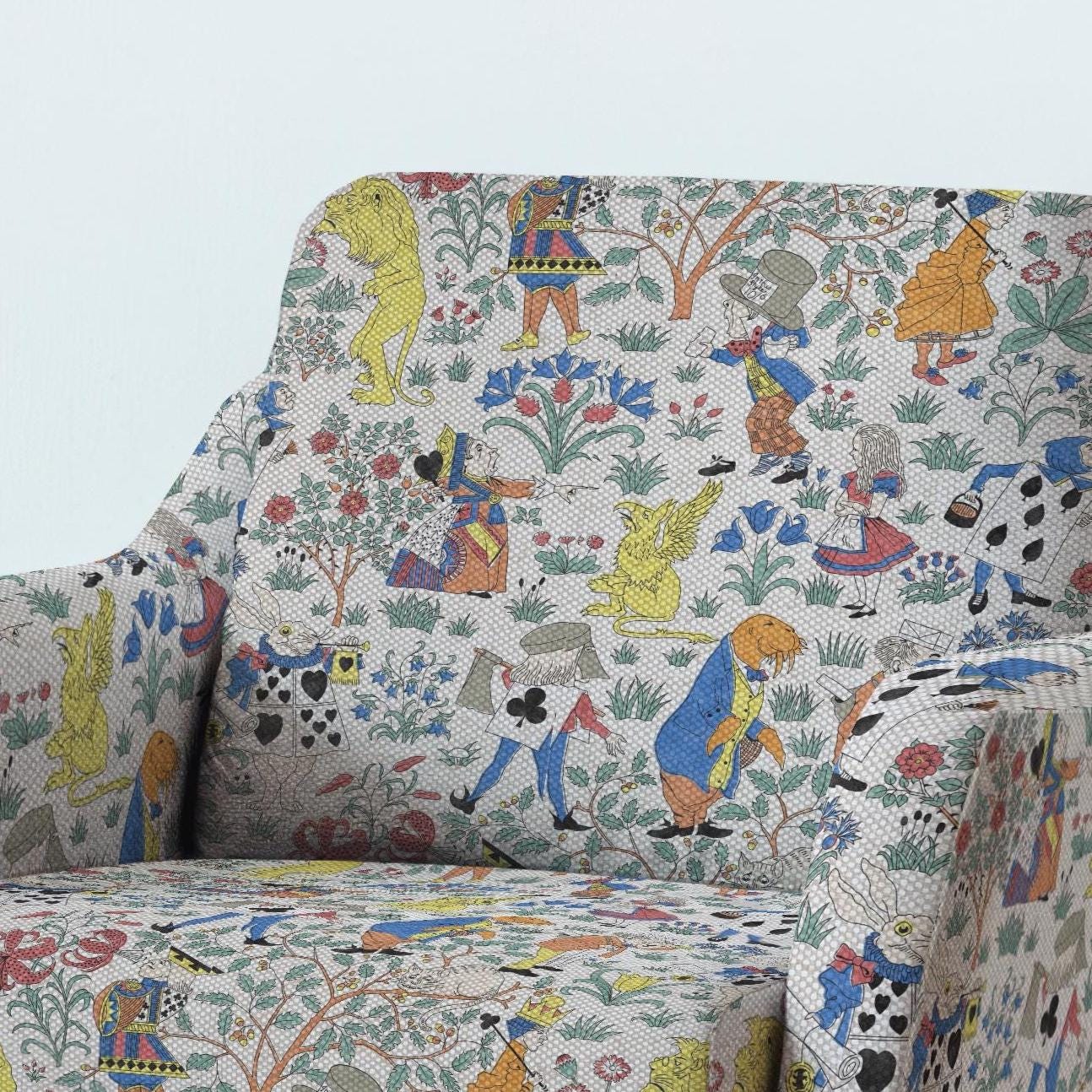 100% LINEN Fabric UPHOLSTERY 12oz - Alice in Wonderland by Voysey on oatmeal - Modern vintage historical British floral upholstery 2984