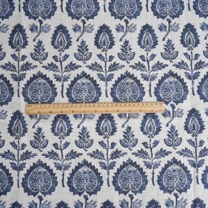 100% LINEN Fabric block print indigo blue on white - floral print heavy linen fabric for upholstery home decor sewing 2009