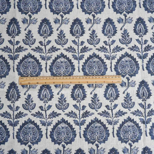 100% LINEN Fabric block print indigo blue on white - floral print heavy linen fabric for upholstery home decor sewing 2009