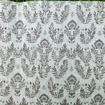 100% Linen fabric Block print grey floral on white - 368W
