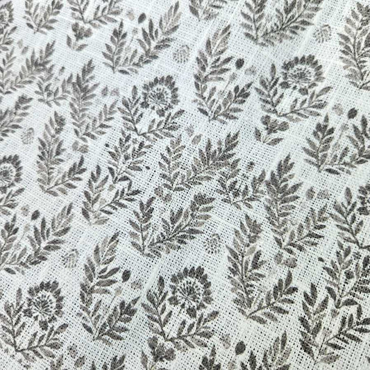 100% Linen fabric Block print grey floral on white - 368W