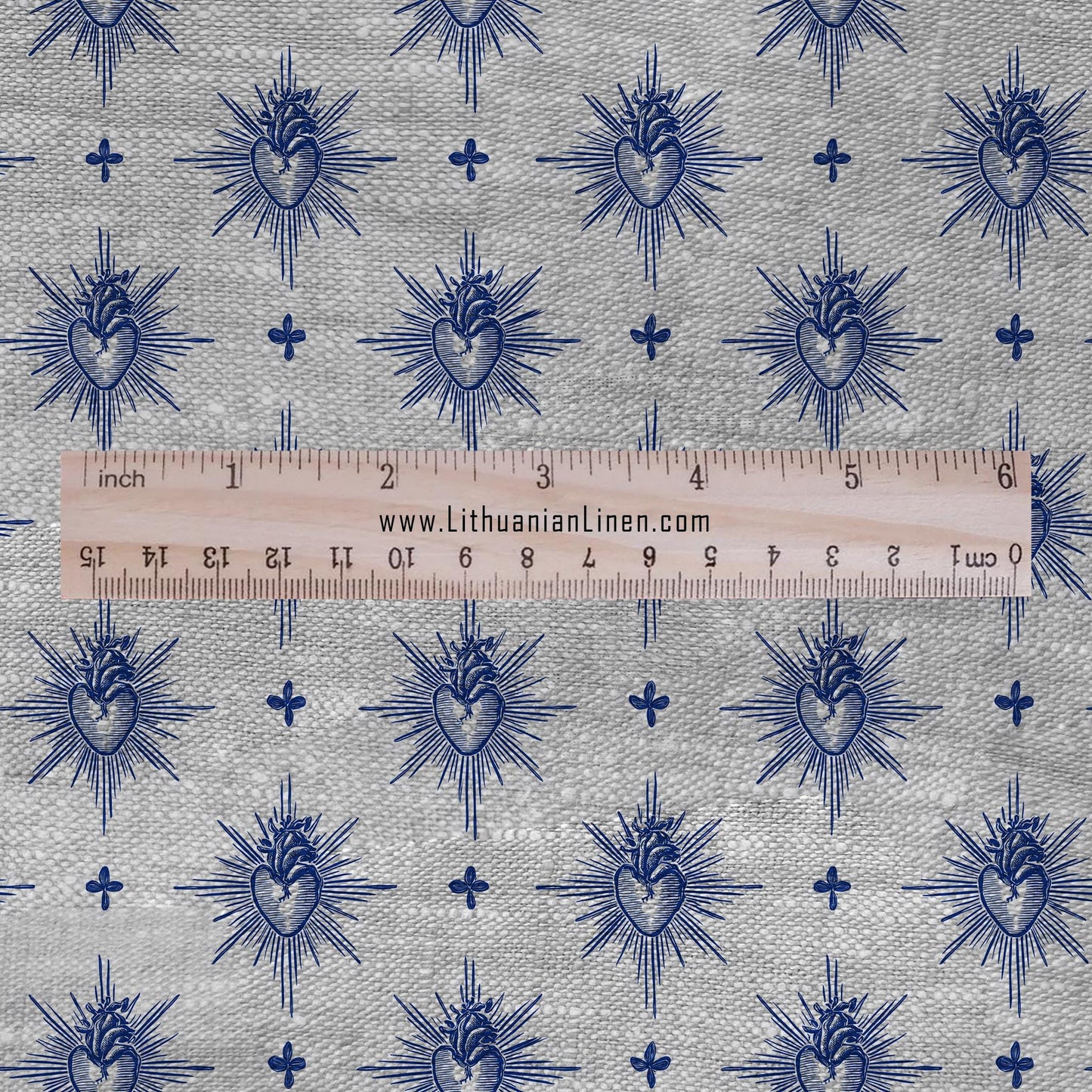 100% LINEN Fabric Sacred heart -  blue print on oatmeal linen for home decor sewign dress clothing 3006