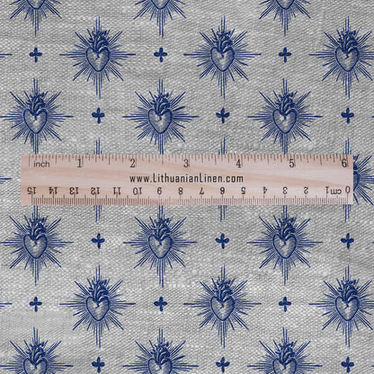 100% LINEN Fabric Sacred heart -  blue print on oatmeal linen for home decor sewign dress clothing 3006