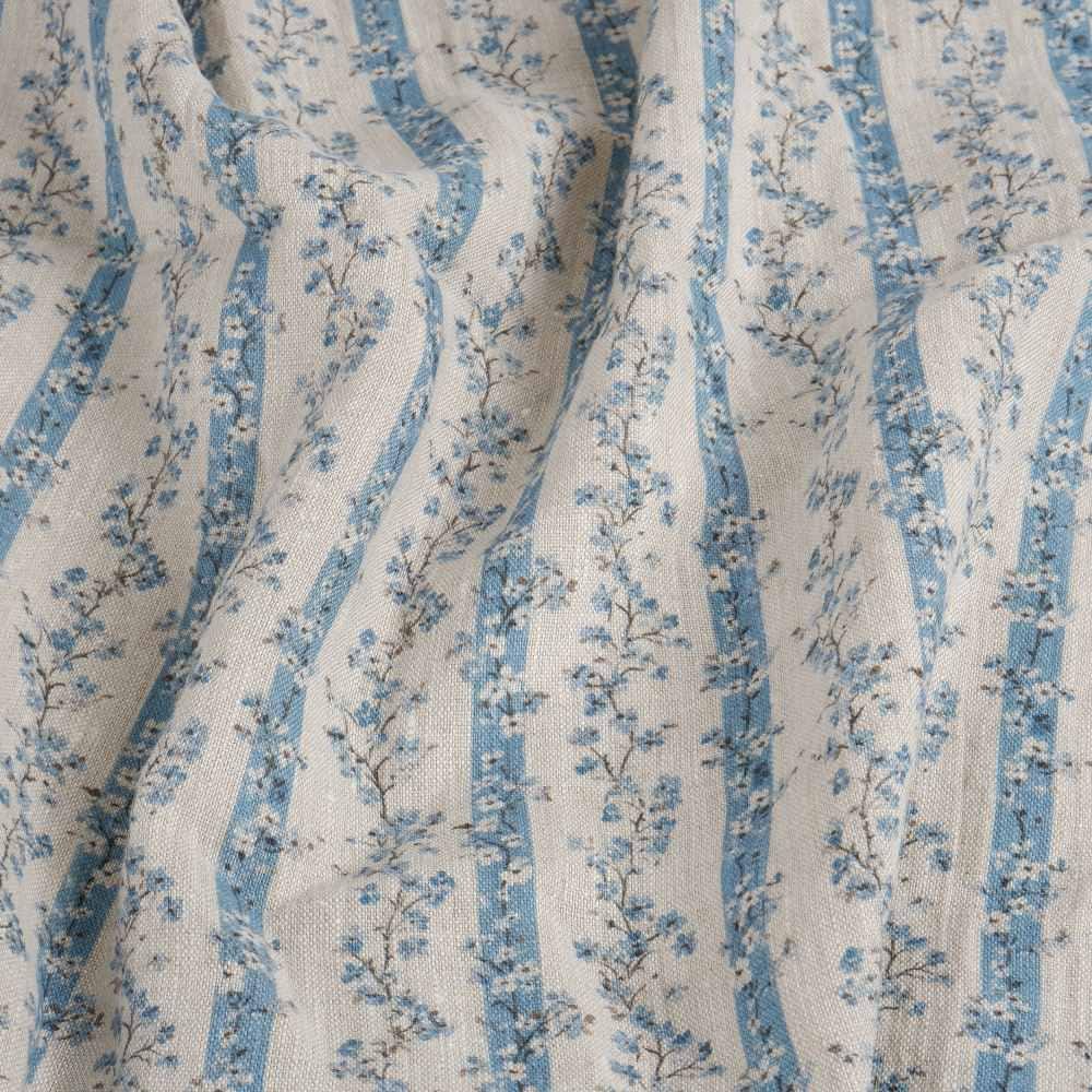 100% LINEN Fabric floral stripe block print on oatmeal linen - blue gray heavy fabric for upholstery - medium weight linen dress making 2502