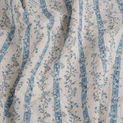 100% LINEN Fabric floral stripe block print on oatmeal linen - blue gray heavy fabric for upholstery - medium weight linen dress making 2502
