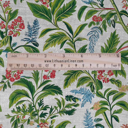 100% LINEN Fabric Tropical flower print - Red green floral Modern vintage fabric - upholstery home decor sewing clothing 2354