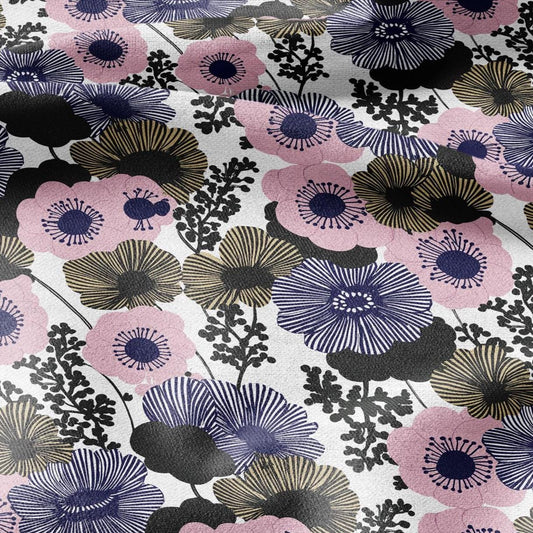 100% LINEN Fabric finnish navy blue pink abstract print - modern vintage floral linen fabric for upholstery or home decor 3023