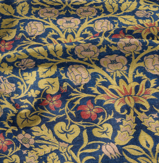 William Morris mustard Blue tapestry 100% LINEN Fabric, British design linen floral upholstery home textile Victorian fabrics