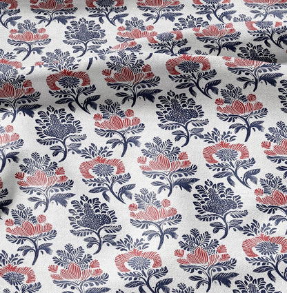 100% LINEN Fabric block print - linen fabric with blue red white floral print - heavy linen fabric for upholstery home decor