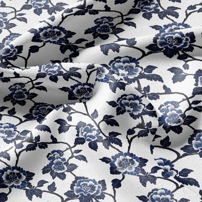 100% LINEN Fabric roses print - indigo blue white floral fabric for upholstery home decor dress making 2381