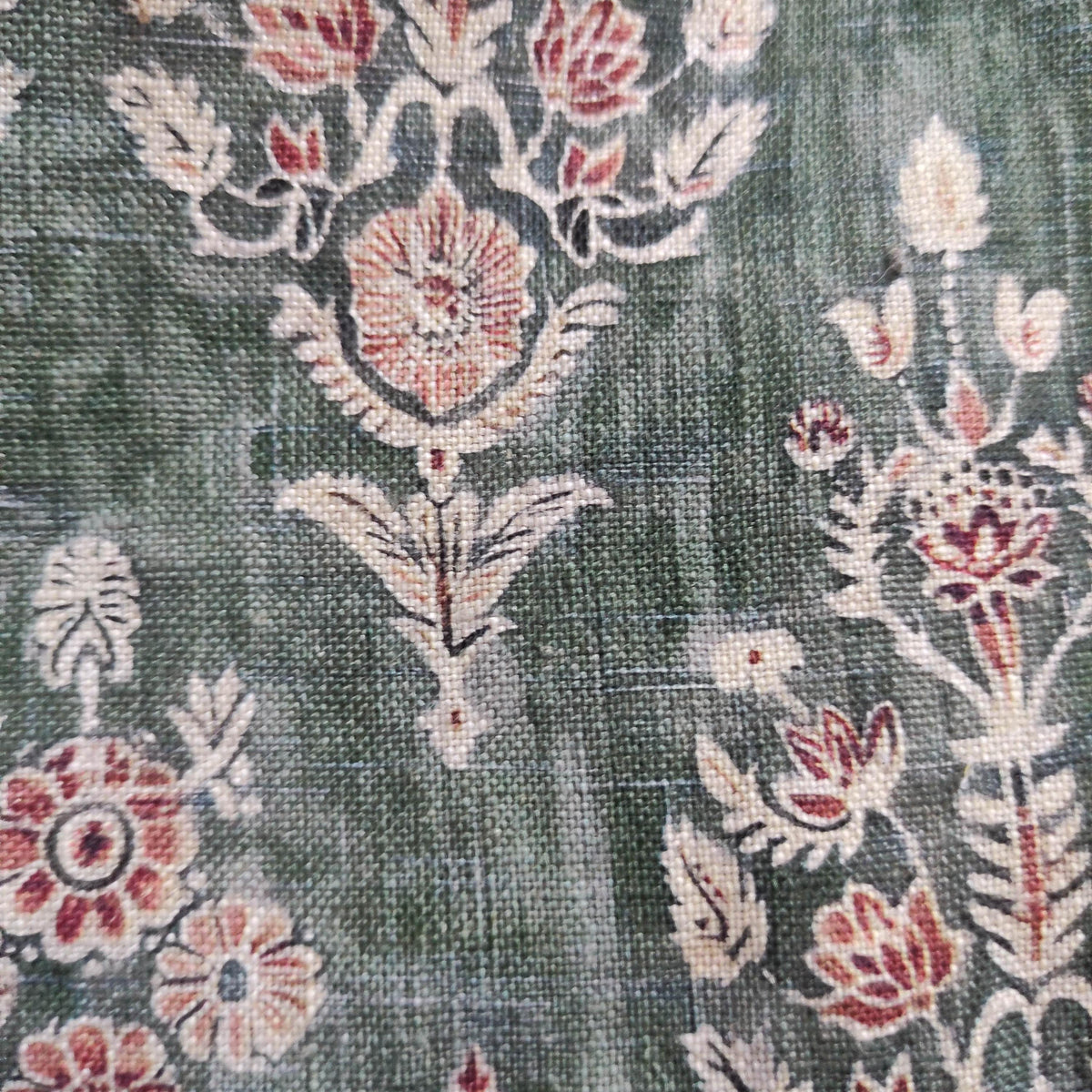 100% LINEN Fabric block print indian 3657-  oatmeal linen fabric with green floral print decor