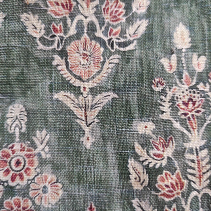 100% LINEN Fabric block print indian 3657-  oatmeal linen fabric with green floral print decor