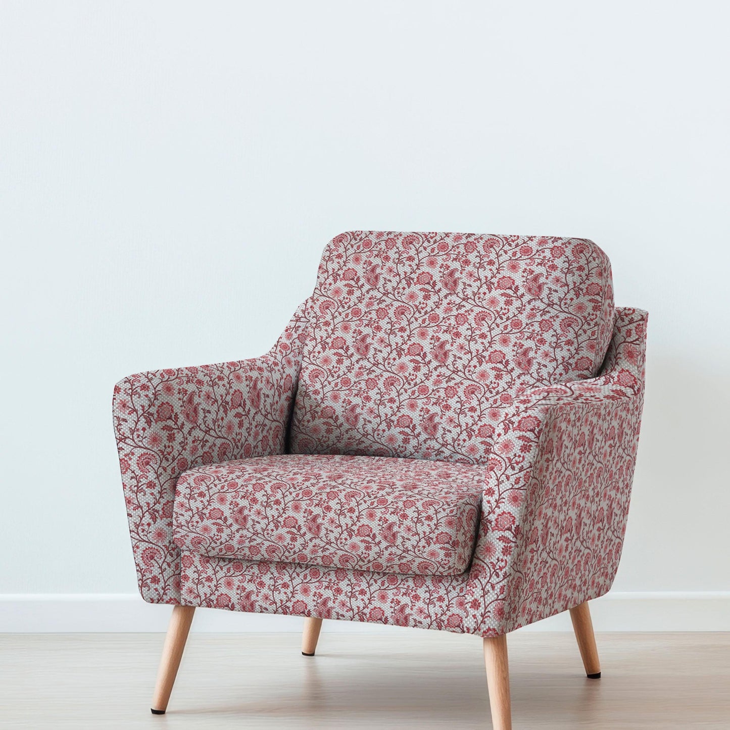 100% LINEN Fabric UPHOLSTERY 12oz - red paisley block print - oatmeal linen fabric with floral print  - Modern Vintage upholstery 314