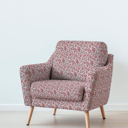 100% LINEN Fabric UPHOLSTERY 12oz - red paisley block print - oatmeal linen fabric with floral print  - Modern Vintage upholstery 314