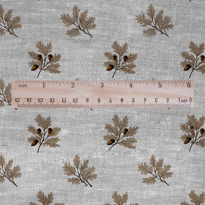 100% LINEN Fabric print Oak leaves - oatmeal linen fabric with floral print - heavy for upholstery home decor clothing 3113