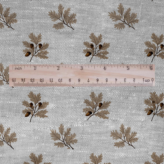 100% LINEN Fabric print Oak leaves - oatmeal linen fabric with floral print - heavy for upholstery home decor clothing 3113