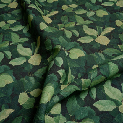 100% LINEN  green fig leaves print on flax fabric - linen fabric with greenery print for upholstery home decor clothing dressmaking
