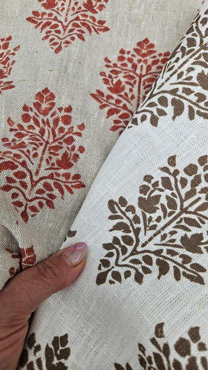 100% LINEN Fabric block print bron on white linen,  botanical fabric with brown indian block print on linen for home decor upholstery