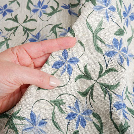 100% LINEN Fabric Scandi flowers - Modern vintage blue green floral print on oatmeal linen for home decor sewing dress clothing 2044
