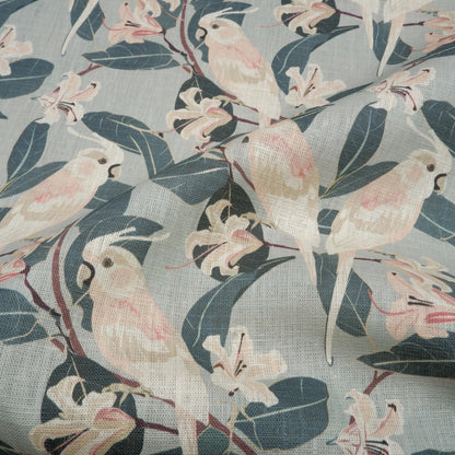100% LINEN Fabric french blue block print on oatmeal natur linen, floral  fabric with parrot French linen botanical upholstery clothing