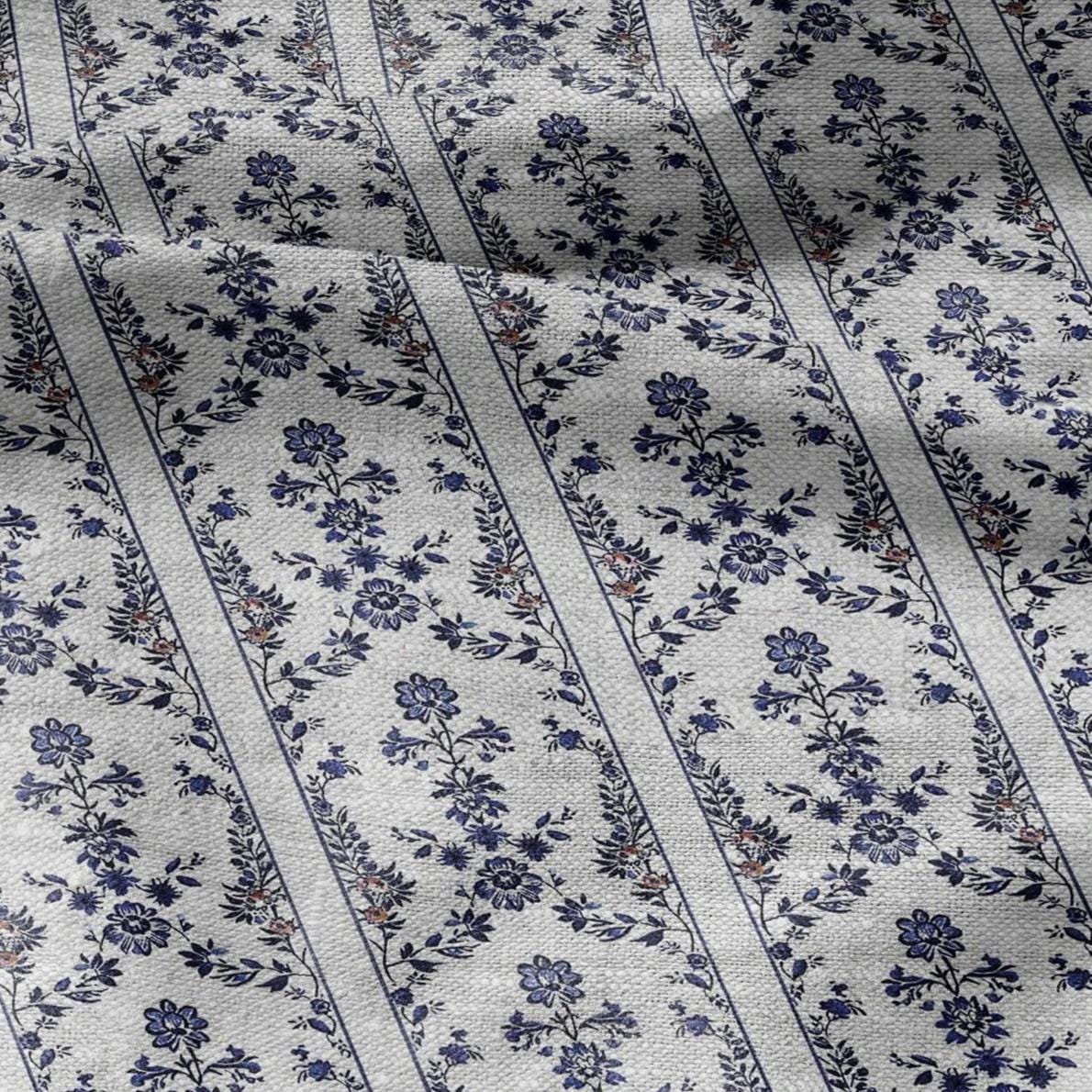 100% LINEN Fabric print Stripe floral blue print - oatmeal linen fabric withtiny flower - heavy for home decor clothing 2390